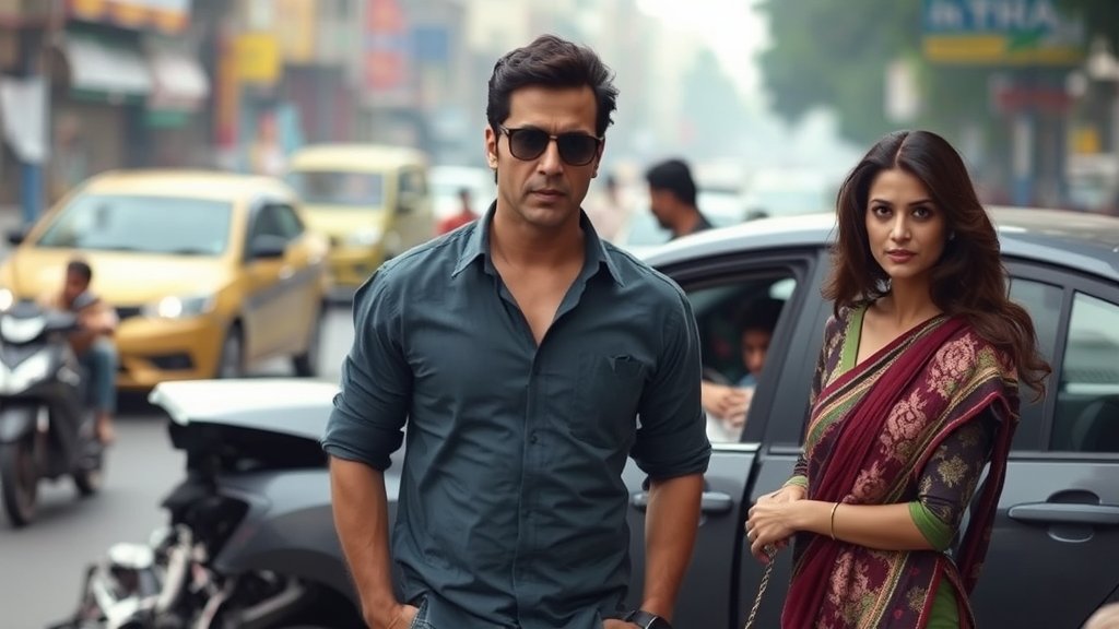 A picture of Akshay Kumar and Twinkle Khanna standing near a damaged car, with a blurred background of Mumbai streets and people helping the trapped man, conveying a sense of concern and relief.