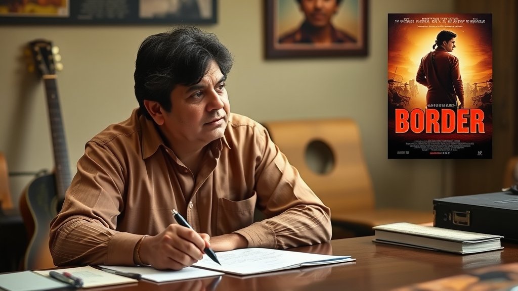 A photo of Javed Akhtar sitting at a desk with a pen and paper, looking thoughtful, with a guitar in the background, and a faint image of the Border movie poster in the corner.