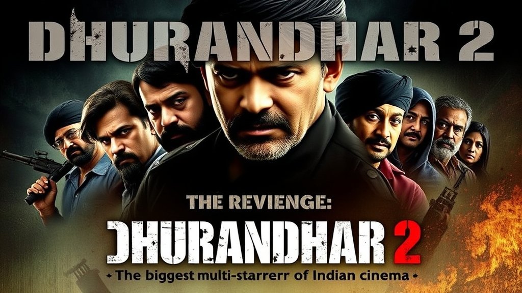 A movie poster with a dark and intense background, featuring the main characters from the Dhurandhar 2 movie, with a bold font title "Dhurandhar 2: The Revenge" and a caption "The biggest multi-starrer of Indian cinema"