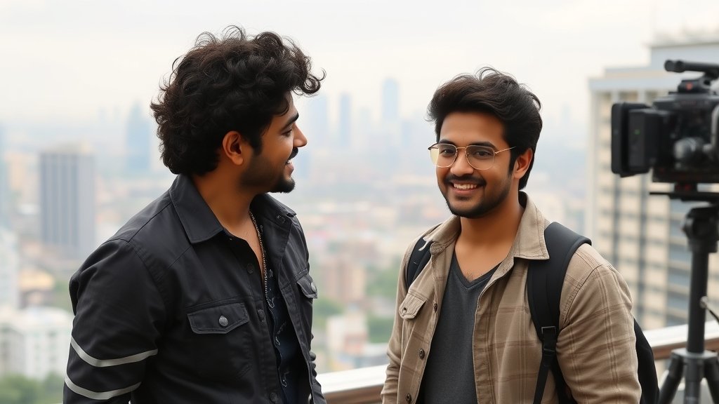 A photo of Palash Muchhal and Shreyas Talpade on the sets of their upcoming film, with a cityscape in the background and a hint of a romantic comedy theme