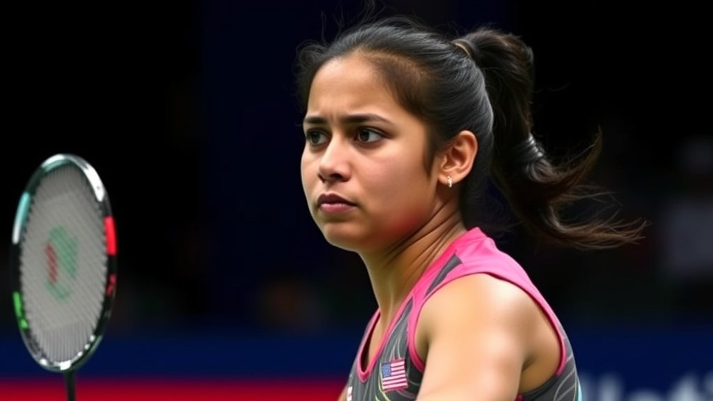 A photo of Saina Nehwal in action on the badminton court, with a mix of sadness and determination on her face, symbolizing her retirement from the sport.