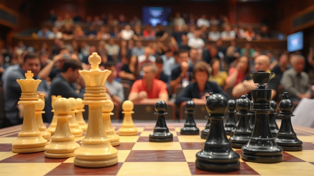 A photo of a chessboard with pieces in mid-game, with a focus on the king and queen, set against a backdrop of a crowded chess tournament hall with players and spectators watching intently.