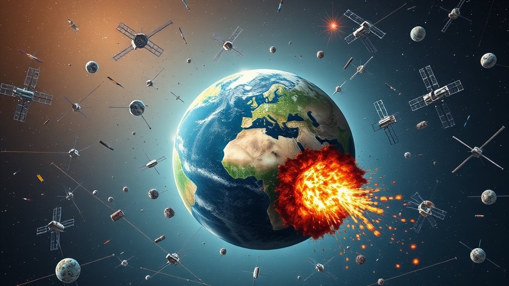 An illustration of the Earth surrounded by a swarm of satellites and space debris, with a few satellites being deorbited and burning up in the atmosphere, symbolizing the efforts to clean up space junk.