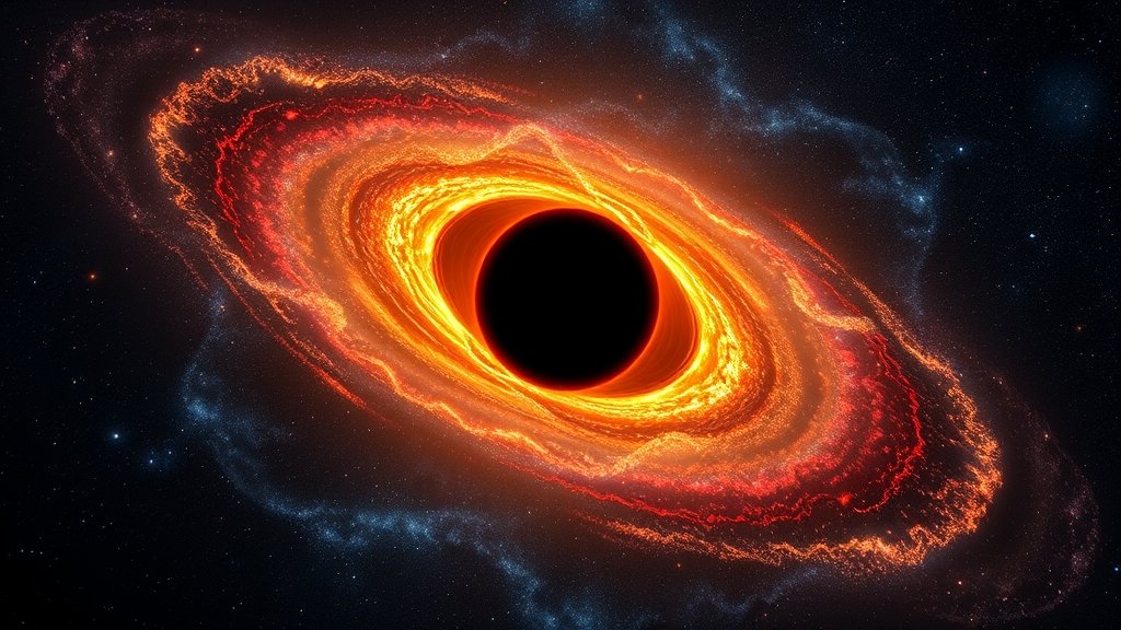 A high-resolution illustration of a black hole at the center of the M87 galaxy, with mysterious filaments and cosmic dust surrounding it, in a deep space background with stars and galaxies.