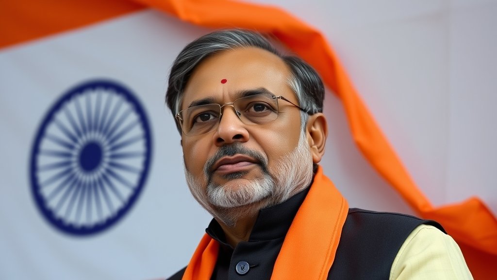 A photo of Nitin Nabin with a background of the Indian flag and the BJP party symbol, conveying a sense of leadership and responsibility