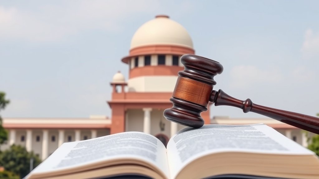 A picture of the Supreme Court of India with a gavel and a book in the background, symbolizing the rule of law and justice