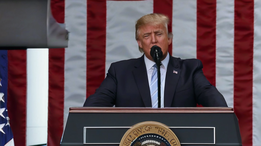A photo of Donald Trump standing at a podium, with the White House logo in the background, and a subtle American flag pattern.