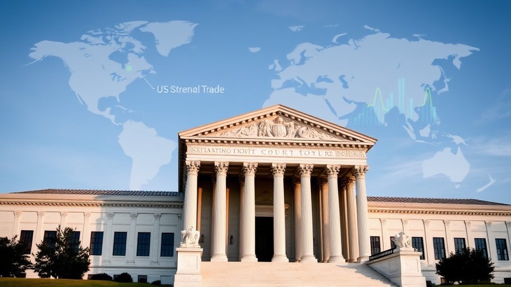 A photo of the US Supreme Court building with a subtle background image of a global trade map or a graph showing the impact of tariffs on international trade.