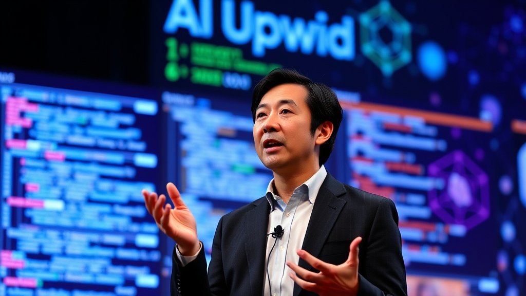 A photo of Andrew Ng speaking at a conference, with a background of coding screens and AI-related graphics, symbolizing the importance of AI upskilling in the modern tech industry.