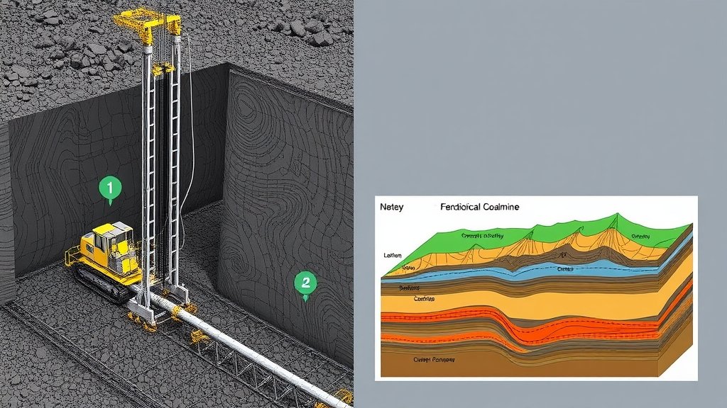 A detailed illustration of a coal mine with directional drilling equipment and a diagram showing the geological-lithological features of the Namdok coalmine.