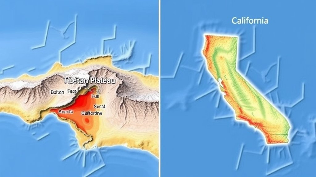 A map of the Tibetan Plateau and California with earthquake epicenters marked, showing the varying depths of earthquakes in these regions