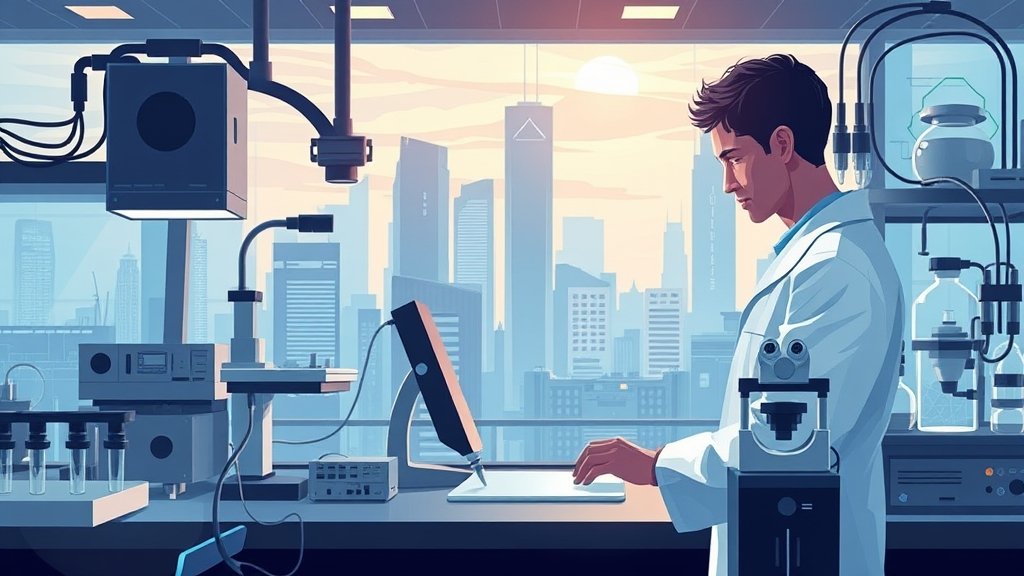 A futuristic illustration of a scientist working in a laboratory with various medical equipment and a cityscape in the background, symbolizing the intersection of science, technology, and healthcare.