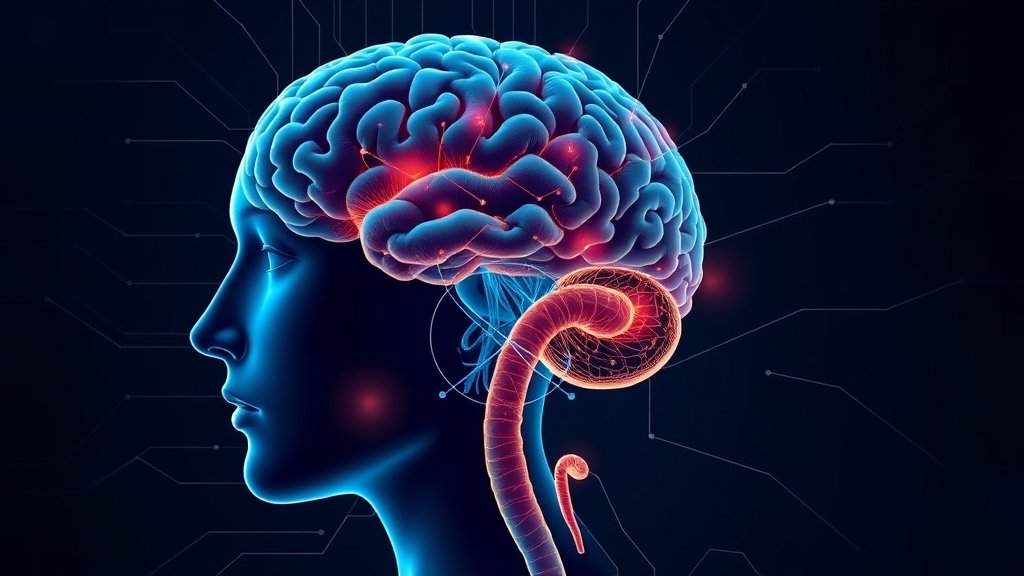 a detailed illustration of the human brain and digestive system, highlighting the potential connections between mental health and colorectal cancer