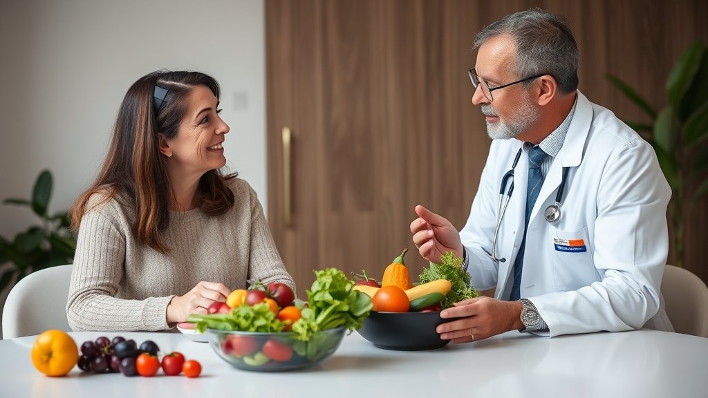 A doctor discussing a plant-based diet with a patient who has chronic kidney disease, with a bowl of fruits and vegetables on the table