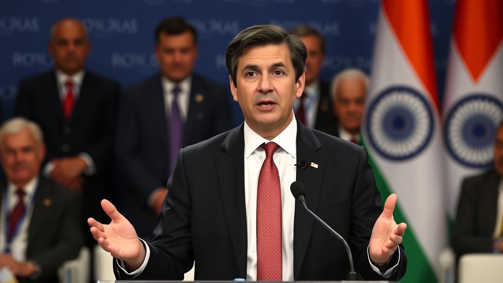 A photo of the Canadian Prime Minister speaking at the Davos conference with a background of world leaders and a subtle image of the Indian flag.