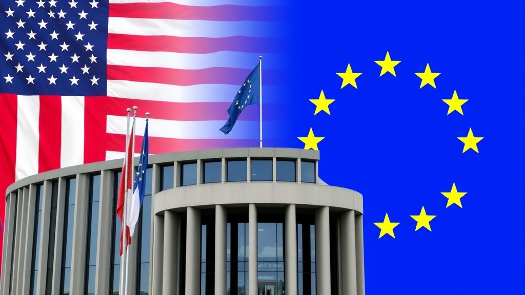 A photo of the European Parliament building with a backdrop of the American and European flags, symbolizing the strained trade relations between the two continents