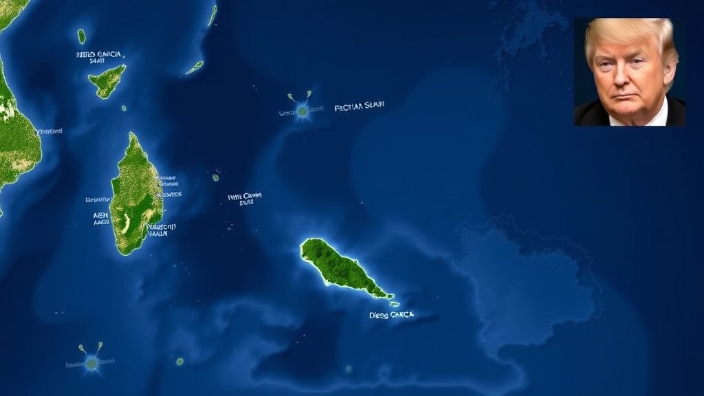A map of the Indian Ocean with Diego Garcia island marked, and a subtle background image of Donald Trump