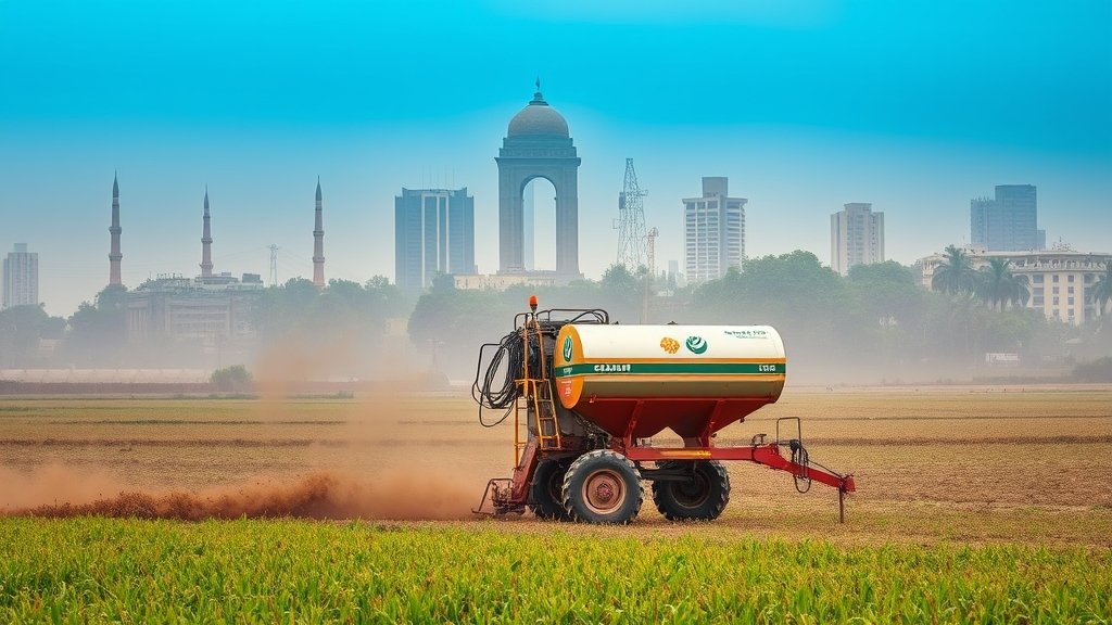 a photo of a happy seeder machine in use in a field, with a background of a polluted cityscape in Delhi, highlighting the contrast between agricultural innovation and urban pollution
