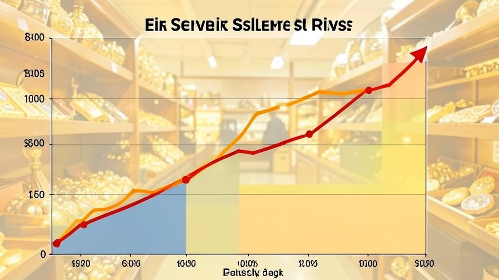 A graph showing the rise in gold and silver prices in India over the past year, with a background image of a gold or silver commodity exchange