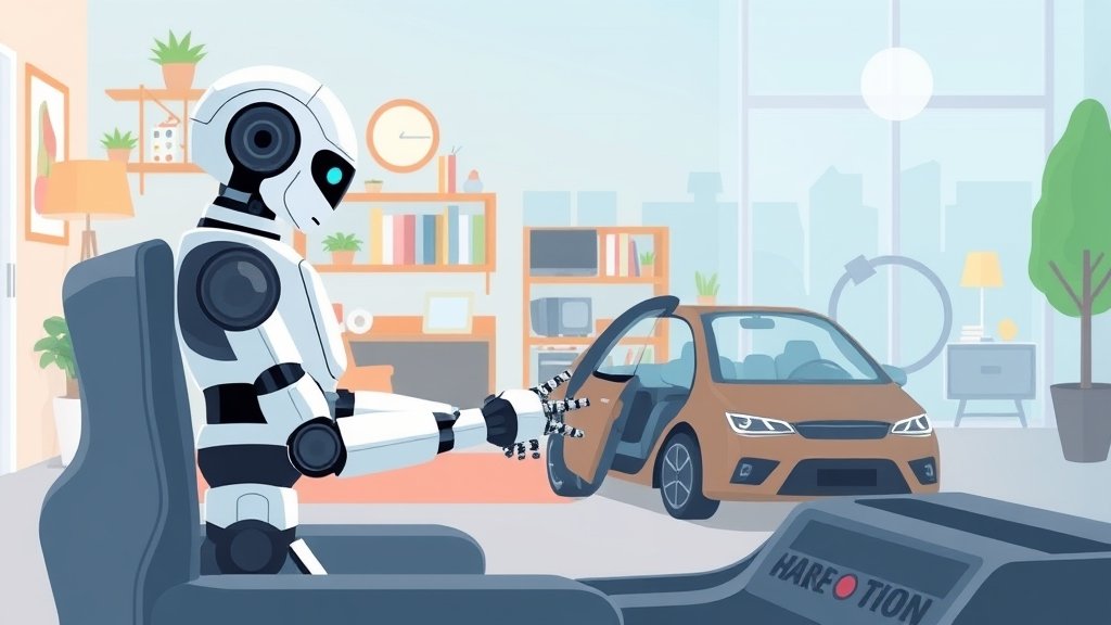 An illustration of a robot or a machine learning model being used in a real-world everyday life scenario, such as a smart home or a self-driving car.