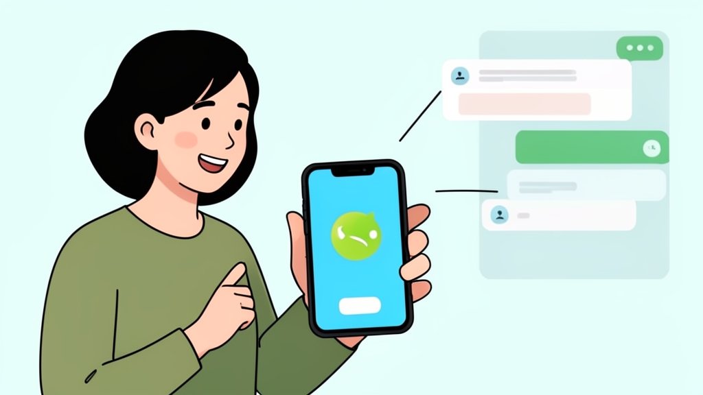 An illustration of a person talking to a smartphone with Siri's logo and a chatbot interface in the background, highlighting the fusion of AI and human interaction.