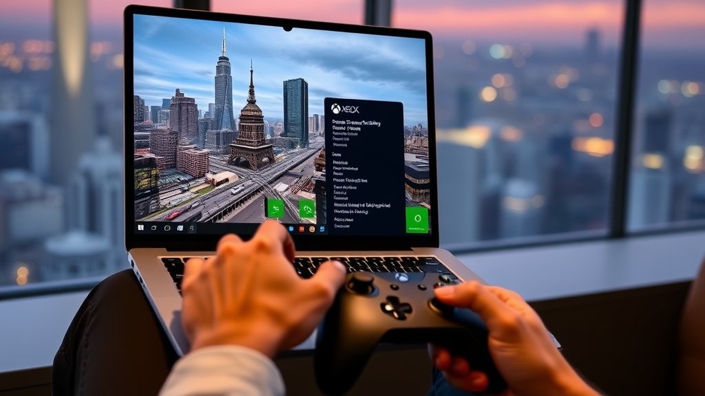 A person playing a game on an Arm-based Windows 11 laptop with the Xbox app open, with a cityscape in the background and a controller in hand.