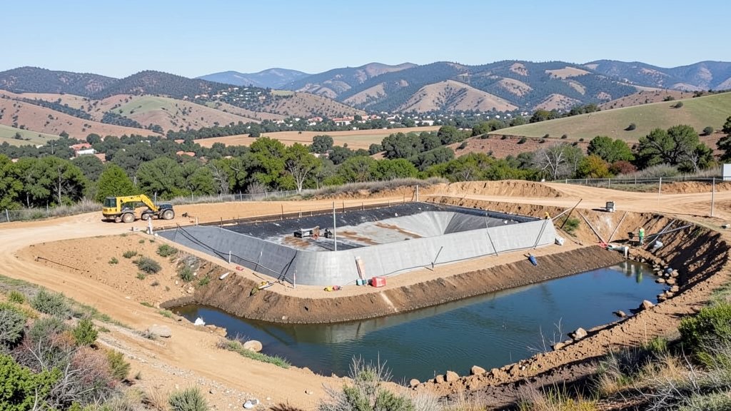 A photo of a managed aquifer recharge project in California's Central Valley, showing the construction of a recharge basin and the surrounding landscape.