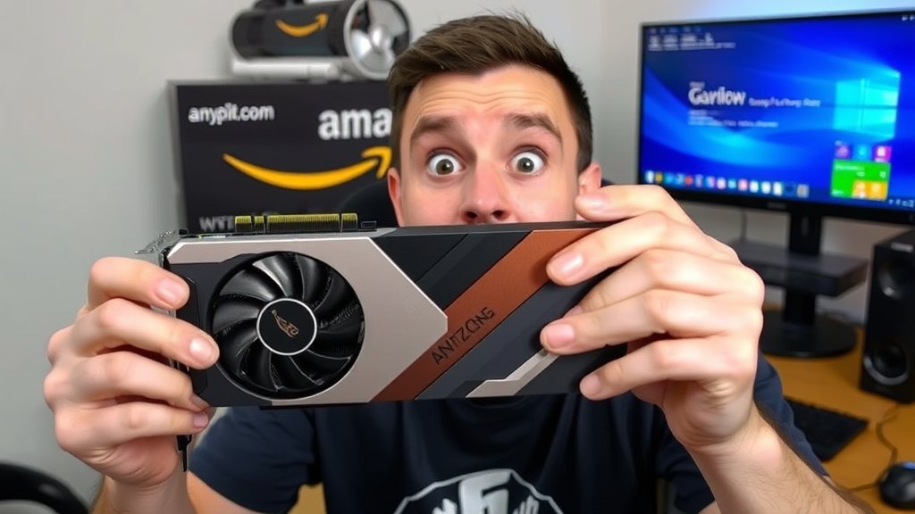 A person holding a graphics card with a shocked expression, with a computer and Amazon packaging in the background