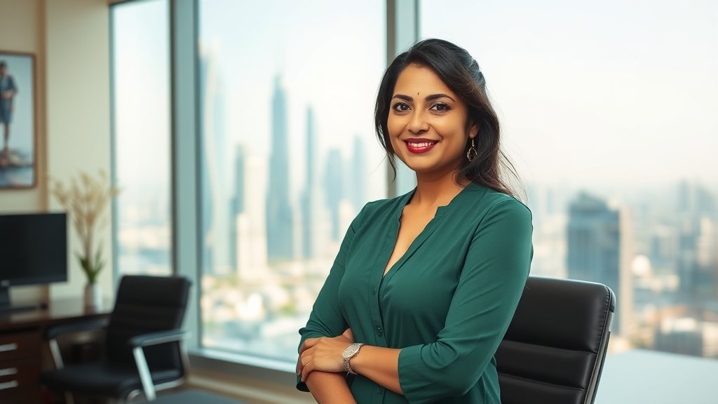 A photo of Rimi Sen in a real estate office in Dubai, with a cityscape in the background, symbolizing her transition from Bollywood to a new career.
