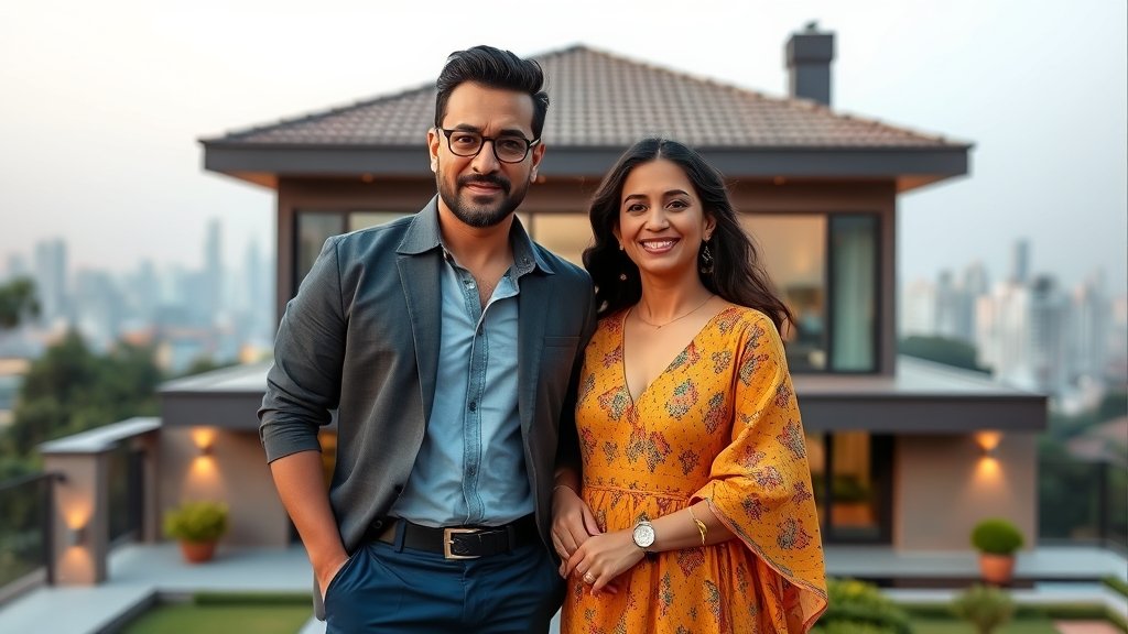 A photo of Aamir Khan and Gauri Spratt standing together in front of their new home in Mumbai, with a subtle background of the city's skyline