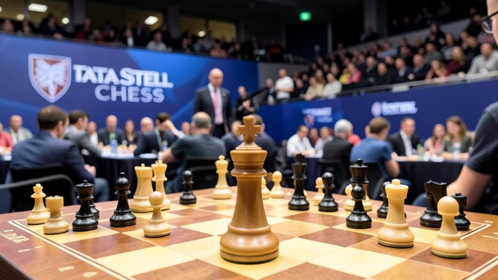 A photo of a chessboard with pieces in mid-game, with a focus on the queen piece, set against a backdrop of a crowded chess tournament hall with players and spectators in the background, with the Tata Steel Chess logo visible on a banner or screen.