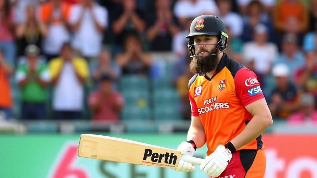 A photo of a cricket player in action, with a beard, holding a cricket bat and wearing a Perth Scorchers uniform, in a stadium with a cheering crowd in the background.