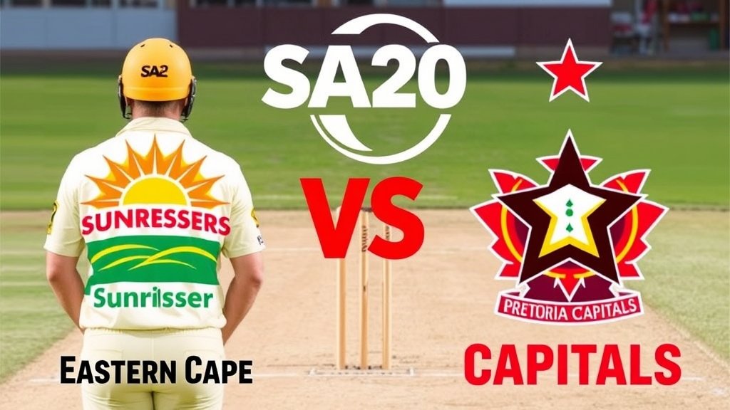 A photo of the Sunrisers Eastern Cape and Pretoria Capitals teams facing off in a cricket match, with the SA20 logo prominently displayed in the background.