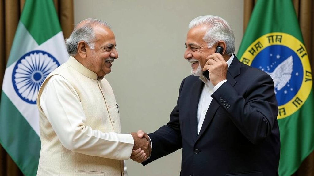 A photo of PM Modi and Lula da Silva shaking hands or talking on the phone, with a backdrop of Indian and Brazilian flags