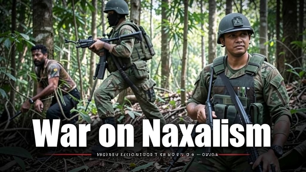 A photo of a security forces operation in a forest area, with a hint of a Naxal leader in the background, and a caption "War on Naxalism"