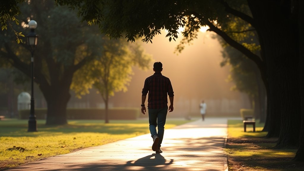 A photo of a person walking in a park with a warm sun shining down, with a hint of rain clouds in the background, in Delhi.