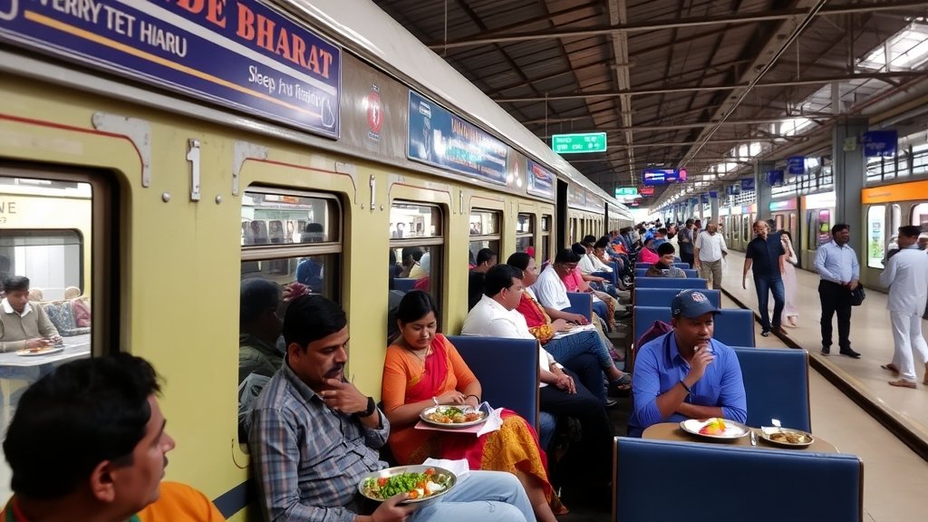 A photo of a Vande Bharat sleeper train with a visible vegetarian menu board and passengers enjoying their meals, set against the backdrop of a bustling Indian railway station.