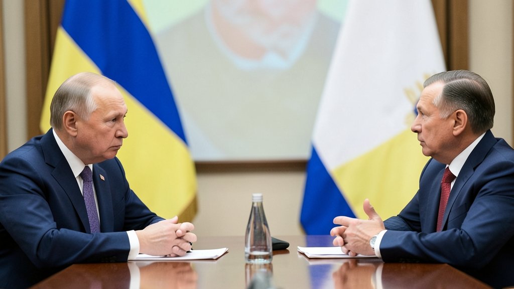 a photo of Russian President Vladimir Putin and US envoys sitting at a table, engaged in a serious conversation, with a faint image of the Ukrainian flag in the background