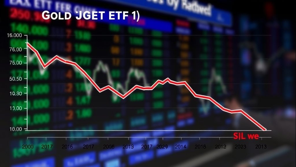 A graph showing the decline in gold and silver ETF prices, with a background image of a stock market screen or a financial news channel.
