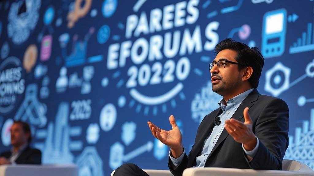 A photo of Rishad Premji speaking at the Davos 2026 conference, with a backdrop of technology and innovation-themed graphics