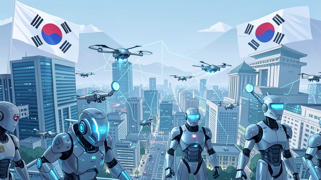 A futuristic illustration of a cityscape with AI-powered robots and drones, with a subtle background of South Korean flags and legislative buildings, symbolizing the intersection of technology and law.