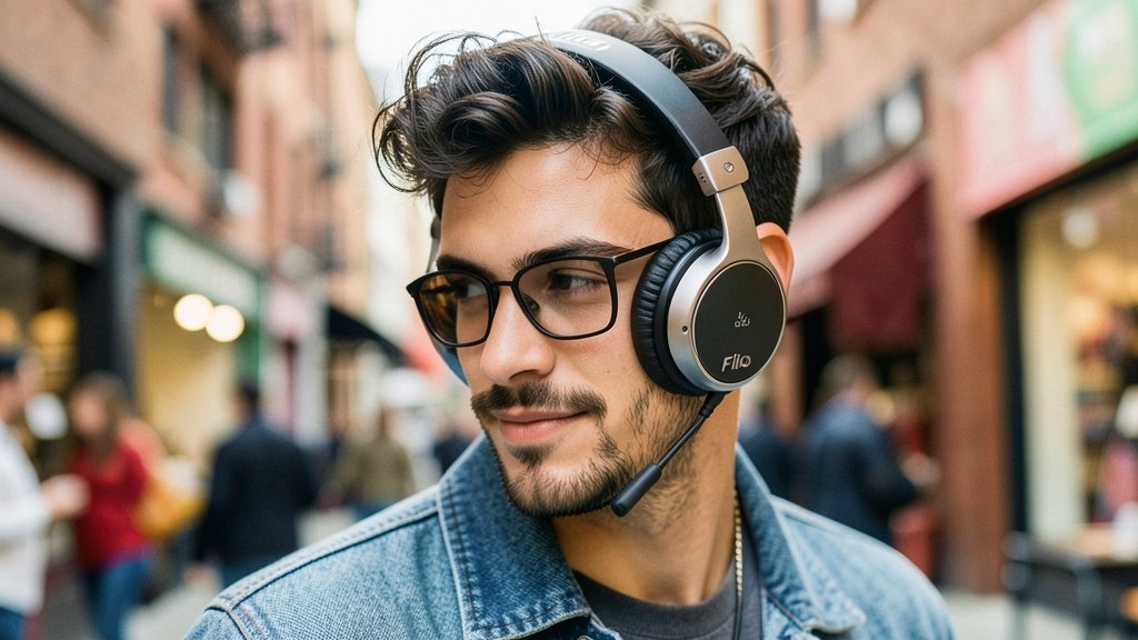 A detailed image of FiiO's on-ear headphones with a retro aesthetic and modern wireless features, with a person wearing them in a trendy setting