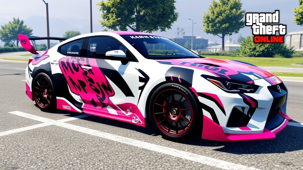 A screenshot of the new Mosh Mosh Livery in GTA Online, with a player character standing next to a customized Karin Everon RS
