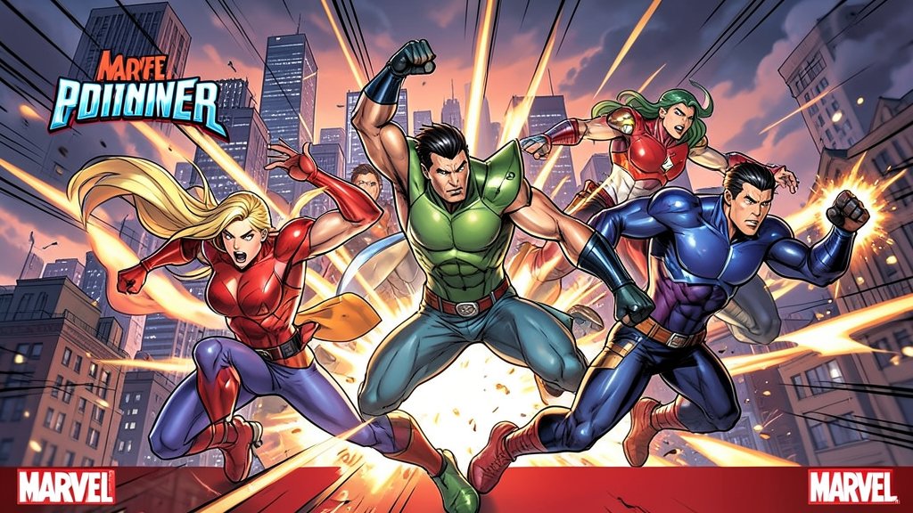 A high-energy illustration of Marvel characters in a team-based battle, with a cityscape in the background and explosive visual effects.