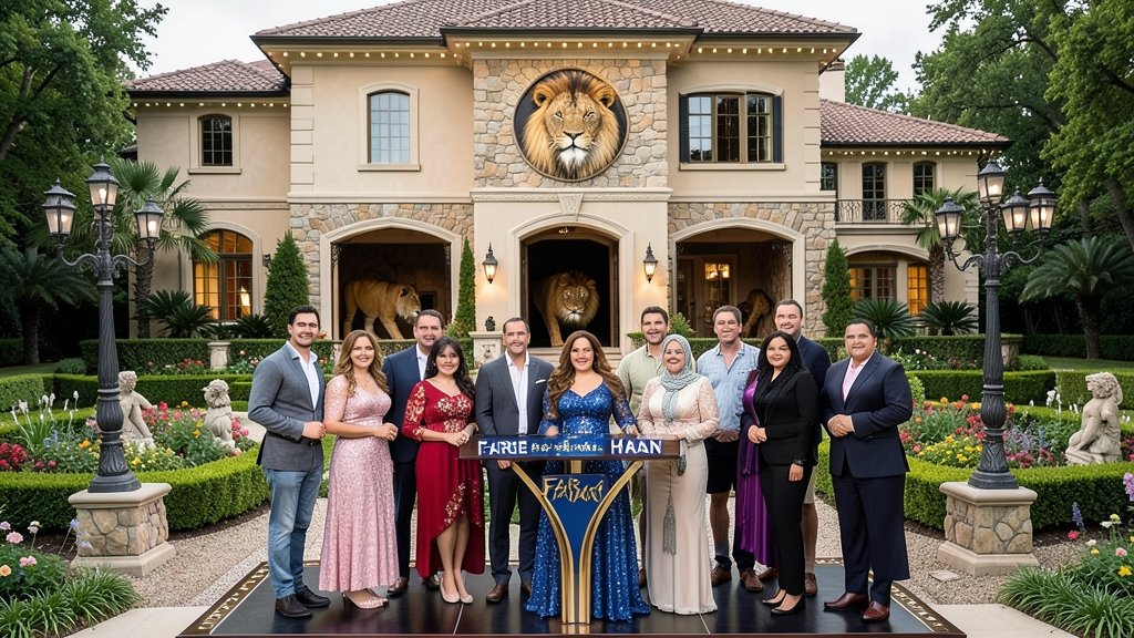 A group of diverse contestants standing in front of a luxurious house with a lion's den and a lavish garden, with Farah Khan hosting the show.