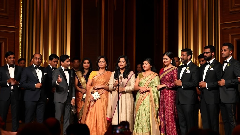 A photo of the Oscars 2026 nomination ceremony with a focus on Indian films and their representatives, highlighting the diversity and talent of global cinema.