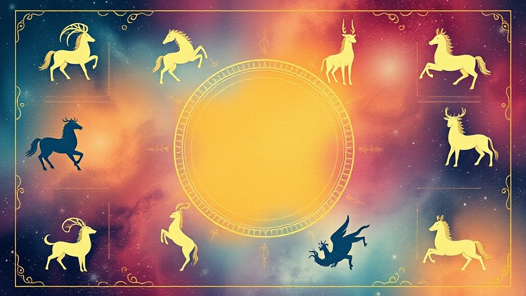 A serene and colorful illustration of the 12 zodiac signs with a subtle Indian aesthetic, incorporating elements of astrology and the cosmos