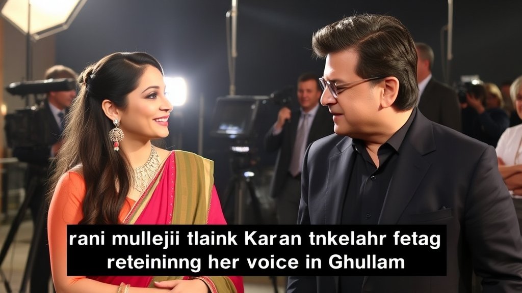 A photo of Rani Mukerji and Karan Johar on the sets of a Bollywood movie, with a caption that reads "Rani Mukerji thanks Karan Johar for retaining her voice in Ghulam"