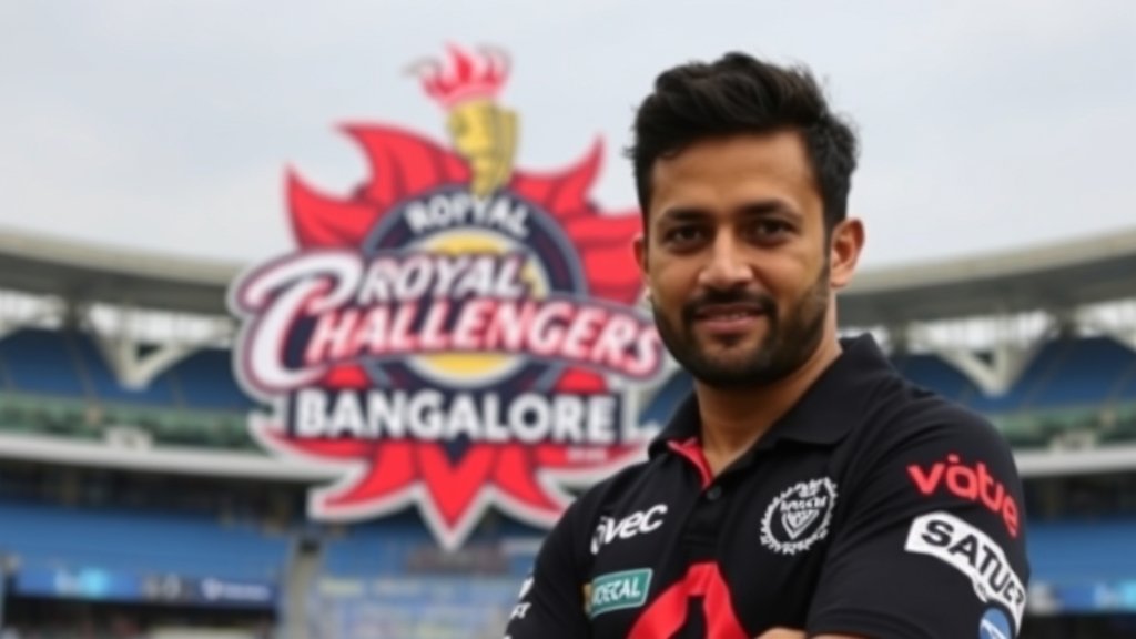 A photo of Adar Poonawalla standing in front of a cricket stadium with a Royal Challengers Bangalore logo in the background.
