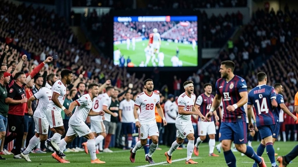 A photo of a packed stadium with football players in action, with a subtle background of a TV screen showing a live match, symbolizing the intersection of sports and broadcasting.
